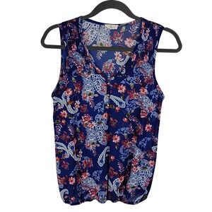 Ember Womens Blue Paisley Floral Smocked V-Neck Bubble Hem Sleeveless Blouse S